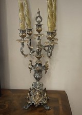 Candelabro Antico Stile Barocco 5 Fiamme In Bronzo Argentato E Dorato 