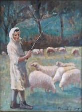 Dipinto olio impressionista originale Pascoal De Souza pecore al pascolo con pastore