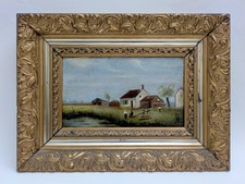 Dipinto olio FIRMATO del 1900 casa villaggio PERSONE fattoria laghetto PAESAGGIO antico