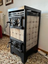 stufa a legna Castelmonte usata, ben tenuta, color sabbia, completa di tubi