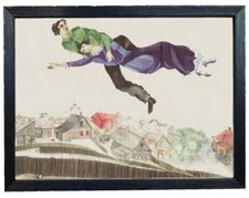 Stampa di Chagall  Sulla città con cornice nera shabby cm 30x40