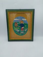Quadro Quadretto Ricamo A Mezzo Punto Vintage Retrò Bambino Campagna Galline