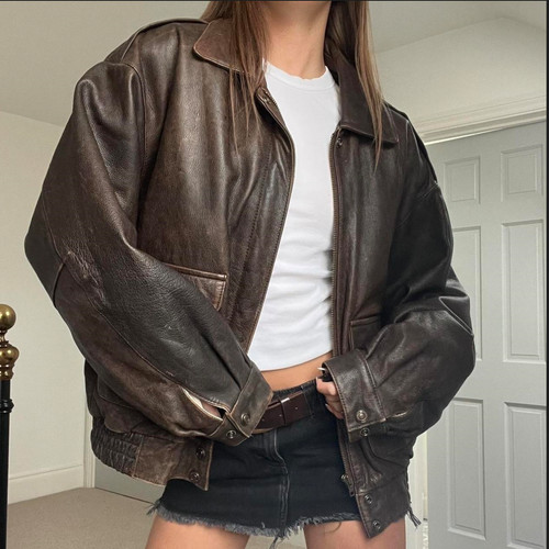 Giacca pelle marrone oversize