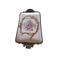 Antico piatto vassoio in porcellana e bronzo Limoges centrotavola vintage fiori 