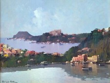Veduta dei Campi Flegrei/Paesaggio marino napoletano/Barca dipinto olio originale firmato