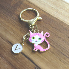 Bijou de sac porte clés chat rose en acier inoxydable personnalisé initiale