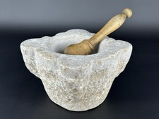 Antico Mortaio In Pietra Marmo Con Pestello Legno Epoca XX Sec.