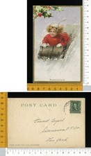 V2120] BUON NATALE SCENA INVERNALE BAMBINA SU SLITTINO BOB - RILIEVO