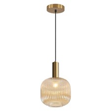 Modern Large Amber Glass Globe Pendant Light Fixture Brushed Brass Gold Kitch...