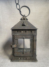 Antique c1890 Arts & Crafts Copper Lantern Lamp Hanging Porch Hall Caged Light