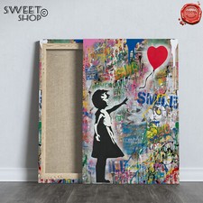 QUADRO STAMPA SU TELA CANVAS BANKSY BAMBINA PALLONCINO CON CUORE STREET ART LOVE