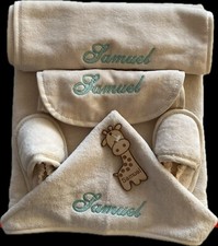 Accappatoio triangolo neonato bimbo/a ciabattine bavaglie ricamato idea regalo 