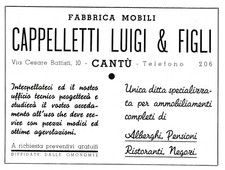 PUBBLICITA' 1938 MOBILI CAPPELLETTI LUIGI CANTU' ARREDAMENTI ALBERGHI