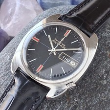 Bulova Accutron 1970 revisionato quadrante nero cal. Orologio Tuning Forcella 218 Cinturino Nuovo