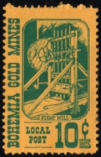 Francobollo poster vintage USA Boemia miniere d'oro posta locale 10c mulino francobolli