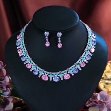 Affascinante Set Gioielli Collana Tennis Ovale Zirconi Rosa Viola per Donna Festa