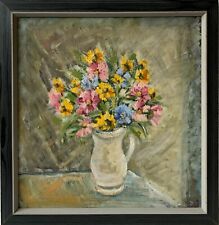 Dipinto Ad Olio Anonimo Natura Morta Con Fiori Mazzo Estivo Cornice 20° Secolo