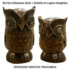 Coppia 2 GUFO + GUFETTO In Legno Vintage Tribale Fatto A Mano • Da Collezione