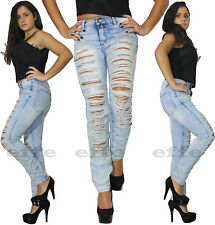 Jeans donna strappati vita alta Denim skinny slim colore cielo strappi nuovo
