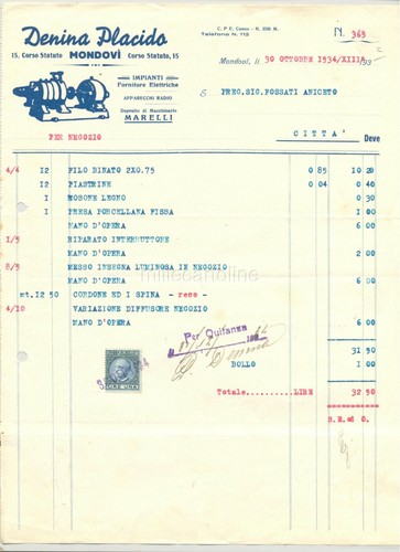 Mondovì 1934 fattura - mondovì,
