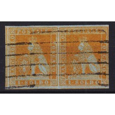 TOSCANA 1851 COPPIA 1 SOLDO GIALLO ORO SU AZZURRO N.2c US. CERT. MARGINATA