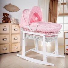 Lussuoso cesto Moses imbottito vimini bambino set completo supporto a dondolo manico bianco/rosa
