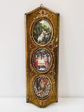 Antico quadro in legno massello d'orato da parete con 3 stampe Vintage anni 50