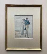 Vintage Cornice Oro Antico Con Litografia Paio Con Sgabello Mode Donna Uomo