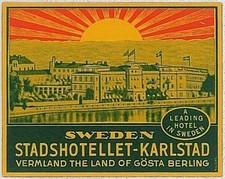 vintage HOTEL LABEL Advertising  -   Sweden STADSHOTELLET  - Karlstad