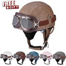 Mezzo Casco Moto Vintage Pelle Retrò Scooter Bici Cruiser con Occhiali