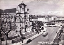 Genève - eglise notre-dame place et gare de cornavin (grande b/n viaggiata 1959)