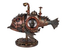 Statua piranha sottomarino pesce steampunk bronzo fuso a freddo e resina 8,65 in