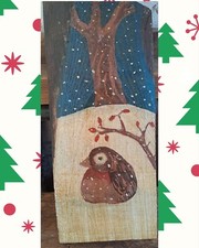 "Uccellino Sotto La Neve" Quadro In Castagno Dipinto Con Pigmenti In Polvere 