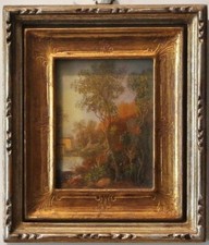 Quadro, Olio su legno, paesaggio campestre, cornice dorata.