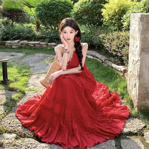Abito rosso boho lungo - boho, estivo