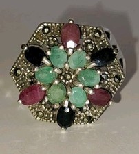 Anello Argento  925 con Radici Di Smeraldo, Onice, Rubino ,marcasite Tg 19