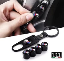 SET/KIT DA 4 TAPPI COPRIVALVOLE + PORTACHIAVI BMW M PERFORMANCE IN METALLO 