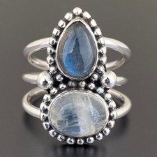 925 Argento Sterling Handmade Donna Anello Pietra di Luna & Labradorite Pietra