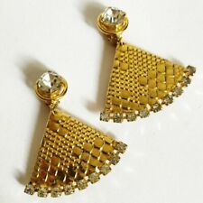 Orecchini a clip vintage anni 80, metallo dorato, cristalli a ventaglio