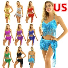 Abito da ballo donna lucido paillettes pancia nappa latina reggicalze crop top vestito