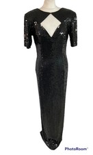 Maxi abito vintage Pino Rosin nero 100% seta paillettes spalla imbottita M sera