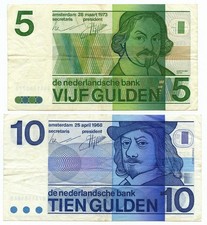 5 10 GULDEN LOT 2 BANKNOTES NETHERLANDSHE BANK 1968-73 BB