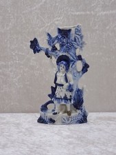 wLRS2n - Antico vaso statuine in porcellana - blu bianco - vintage 1900 circa - 18,5 cm