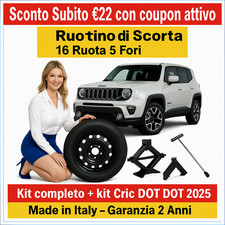 ?Ruotino di Scorta 16 Ruota 5 Fori Per Jeep Renegade Con kit Cric Crick DOT25?