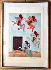 Litografia "Scimmiette su cavalli" a colori firmata Riccardo Fiore in cornice