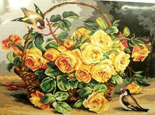 QUADRO CANOVACCIO MEZZO PUNTO PICCOLO DA RICAMARE 50X70 " rose con cardellini " 