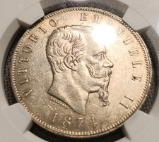 5 LIRE 1874 MILANO NGC AU58