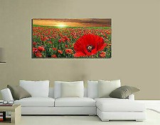QUADRI MODERNI TELA 100X50 PRATO NATURA PAPAVERI ROSSI FIORI RED TRAMONTO LIVING
