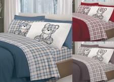 Completo Lenzuola Flanella Pensieri Delicati 100% Cotone Disegno Orsetto Tartan