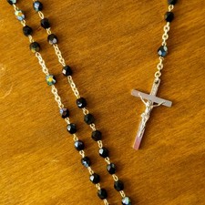Rosario Vintage 50 Grani Vetro Nero Iridescente Croce Cristo Metallo Antico